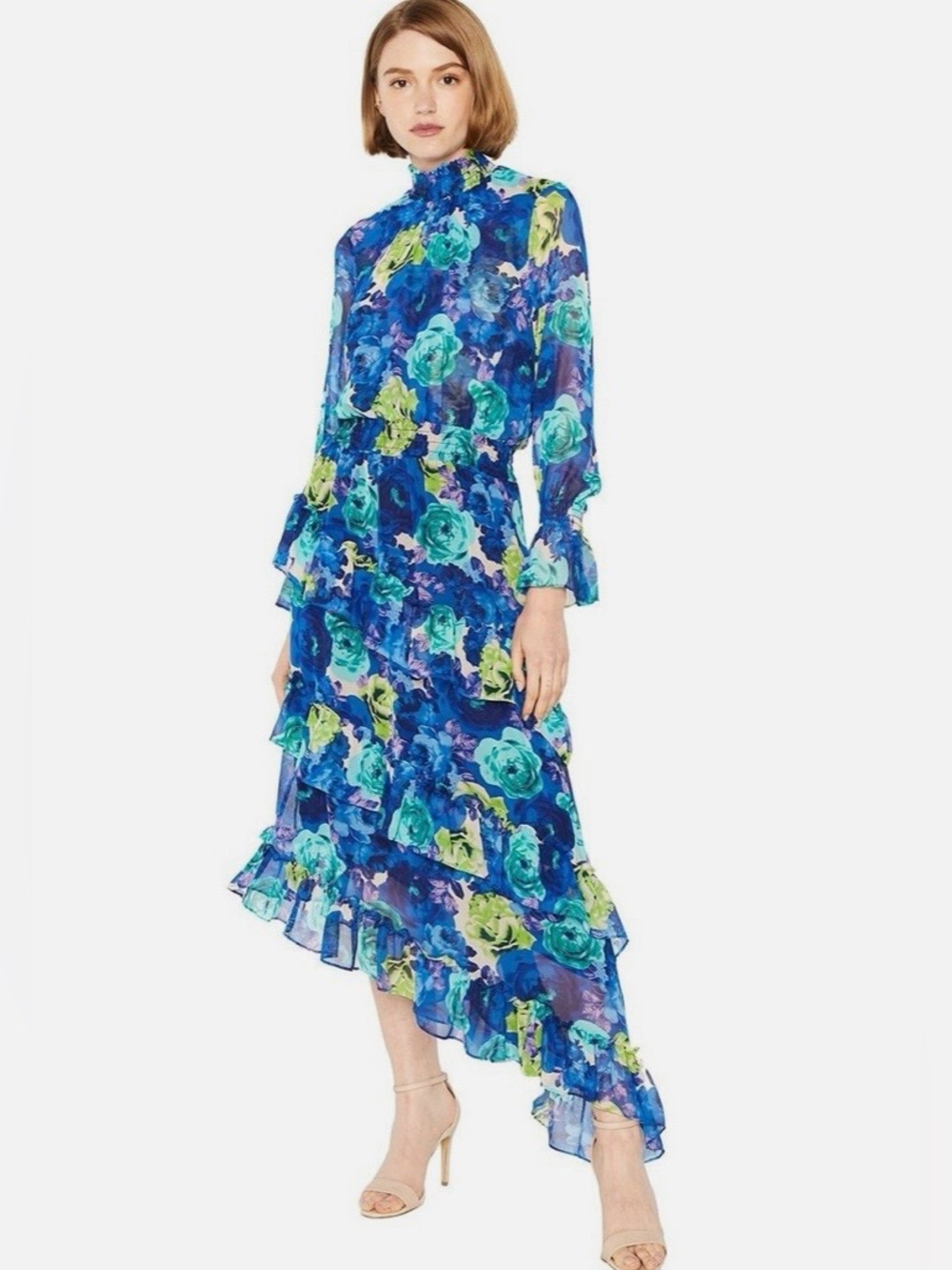 MISA Los Angeles Rania Chiffon Smocked Neck Asymmetrical Midi Floral Dress XS💙🌸